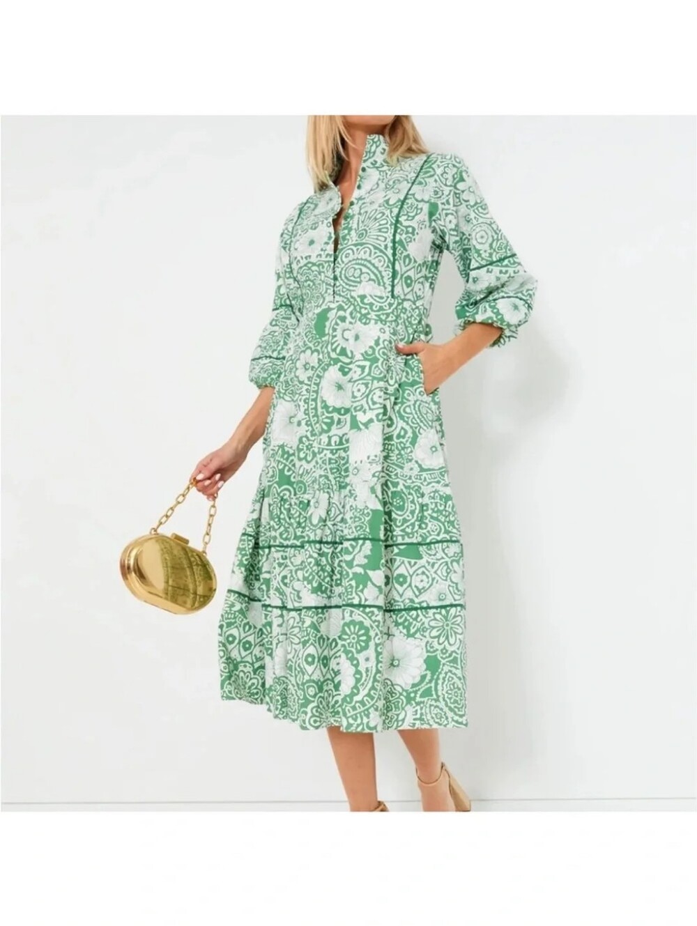 HYACINTH HOUSE Green and White Floral Hillsborough Midi Dress M